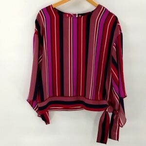 Worthington striped blouse size large maroon pink and tan w tie flutter sleeve